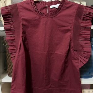English Factory Burgundy Ruffle Sleeve Blouse